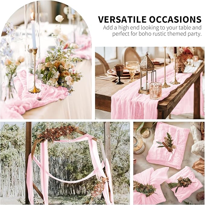 6 Pack Cheesecloth Table Runner,Light Pink Table Runner Long Romantic Semi Sheer Rustic Boho Gauze Table Runners for Wedding Bridal Shower Birthday Party Decorations(17.7×108 Inch)
