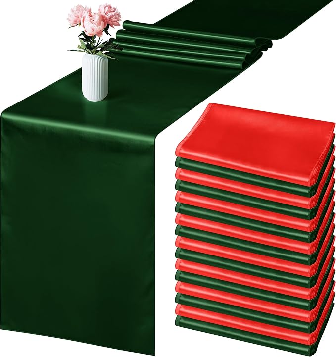 Aneco 12 Pack Christmas Satin Table Runner 12 x 108 Inch Xmas Red, Black Green Long Wedding Satin Silk Table Runner for Wedding Banquet Graduations Birthday Christmas Party Decoration