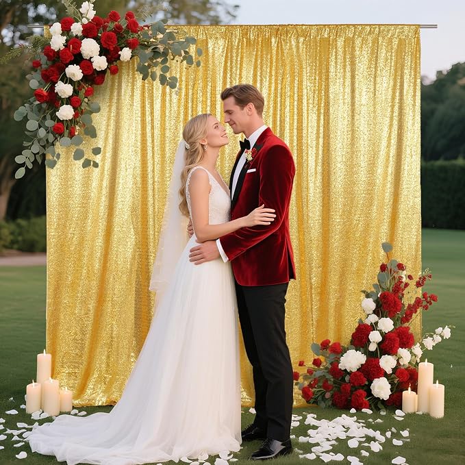 SquarePie 8x8ft Gold Sequin Backdrop for Photography, Satin-Backed Real Sequin Curtain, Enhanced Coverage Shimmering Background with 4" Rod Pocket for Wedding, Birthday, Party Decor, 1 Panel