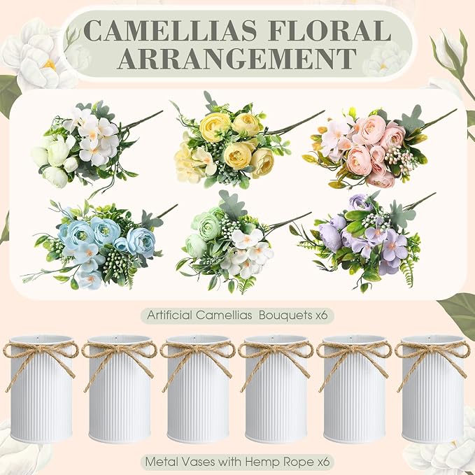 Wavwavw 6 Pcs Wedding Table Centerpieces Artificial Flowers with Vase Pastel Fake Camellias Floral Bouquet Purple Pink Blue Yellow Flowers Arrangement Summer Table Decorations for Home Party Decor