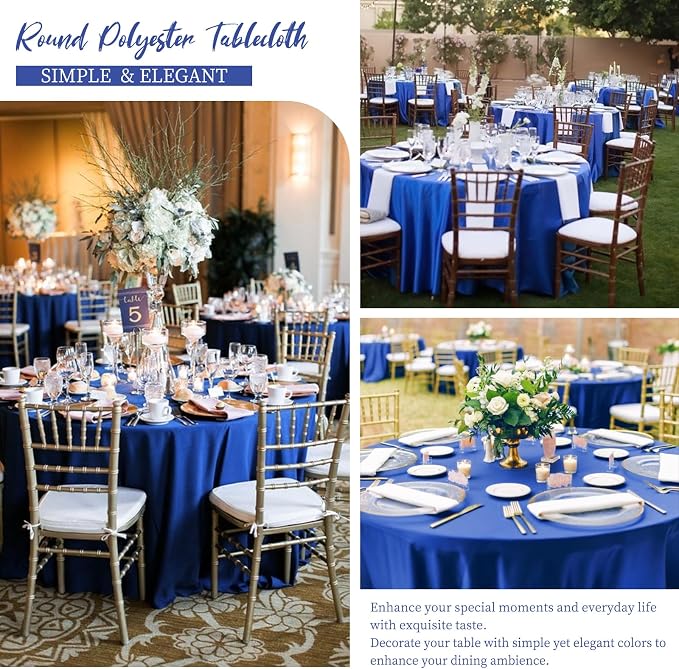 12 Pack 90 Inch Round Royal Blue Polyester Tablecloths - Wrinkle & Stain Resistant, Perfect for Weddings, Banquets, Parties