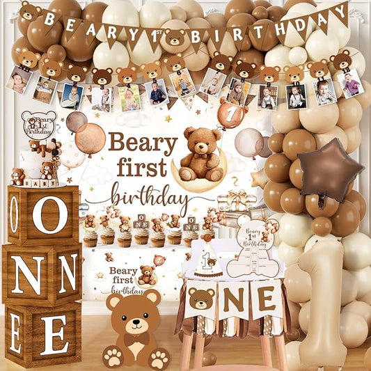 Beary First Birthday Decorations,147pcs Bear Birthday Decorations Brown Bear Birth Day Banner Backdrop High Chair Banner Tablecloth Cake Topper Box Balloon Garland for My 1st birthday Decorations