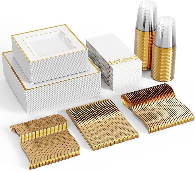 FOCUSLINE 350 Ct Disposable Dinnerware Set for 50 Guests -Heavy Duty Square Plastic Plates with Gold Rim, Includes 50 Dinner & Salad Plates, Cups, Napkins, Cutlery Set