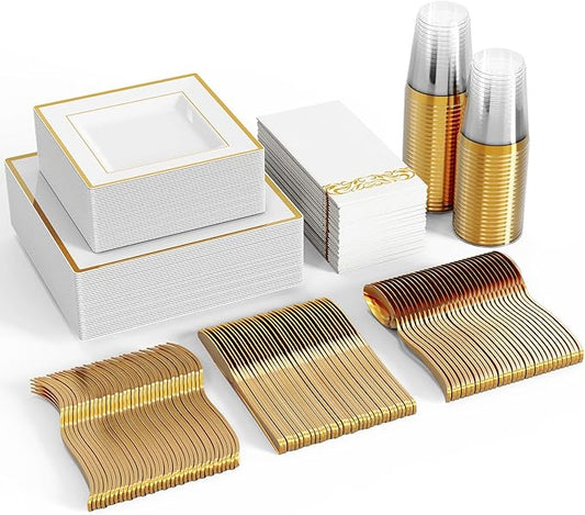 FOCUSLINE 350 Ct Disposable Dinnerware Set for 50 Guests -Heavy Duty Square Plastic Plates with Gold Rim, Includes 50 Dinner & Salad Plates, Cups, Napkins, Cutlery Set