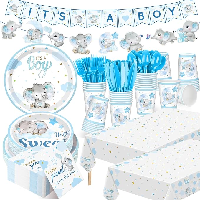 405 Pcs Blue Elephant Theme Baby Shower Decorations, It's a Boy Theme Baby Shower Tableware Set Plates Napkins Cup Cutlery, Elephant Party Supplies with Tablecloth Banner, Serves 50 Guests