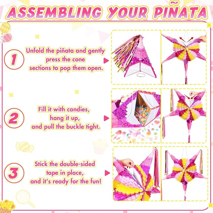 WERNNSAI Large 32" Cinco de Mayo Star Piñata - Foldable Pink Mexican Star Piñata for Kids Girls Pink Piñata Fiesta Party Decorations Luau Event Birthday Party Supplies Mexican Theme Carnivals