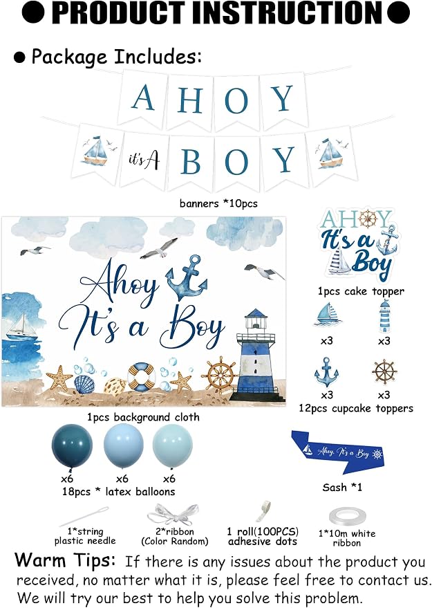 Ahoy It's a Boy Baby Shower Decorations Blue Nautical Backdrop Banner Navy Blue Cake Cupcake Topper Sash Latex Balloons Ocean Ship Anchor Lighthouse Decor for Sailor Theme Baby Shower Ocean Party