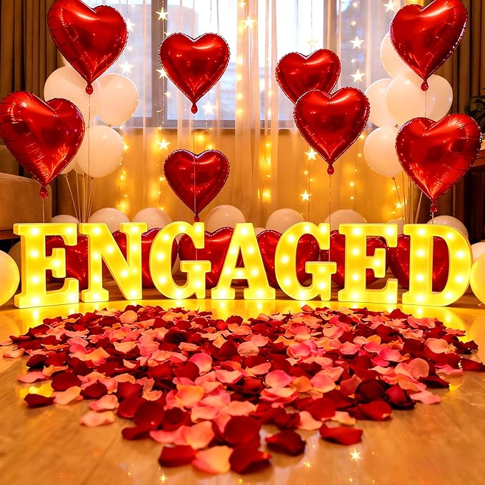 Engaged Decorations, Engaged Light Up Letters Sign with Rose Petals, Aluminum Balloons, Round Pearlescent Balloon, Double Sided Tape for Valentine's Day Wedding Romantic Party