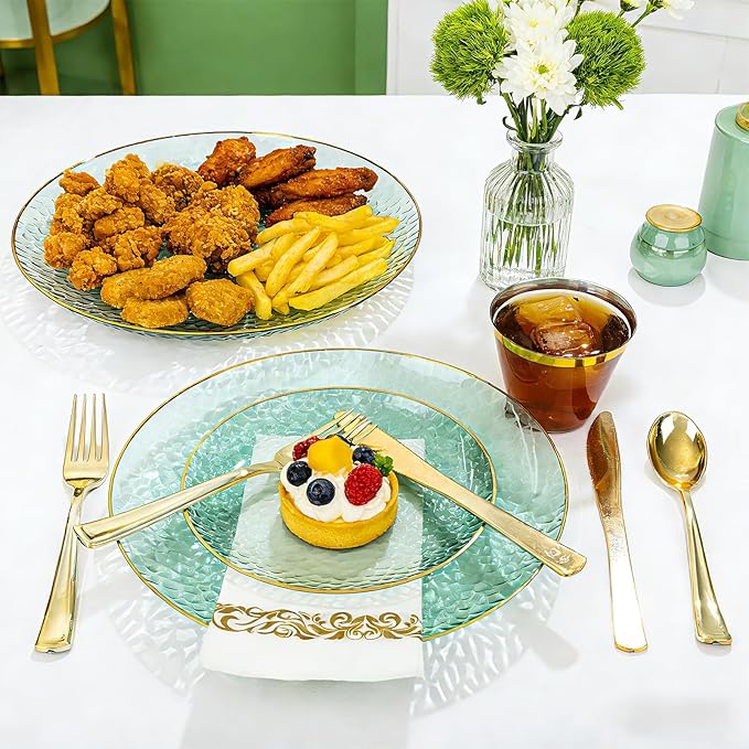 DaYammi 175 Pcs Green Plastic Plates Dinnerware Set (25 Guests), Hammered Plates Sets, Green Party Platos Set include 50 Disposable Platos, 75 Gold Plastic Silverware, 25 Cups 25 Napkins