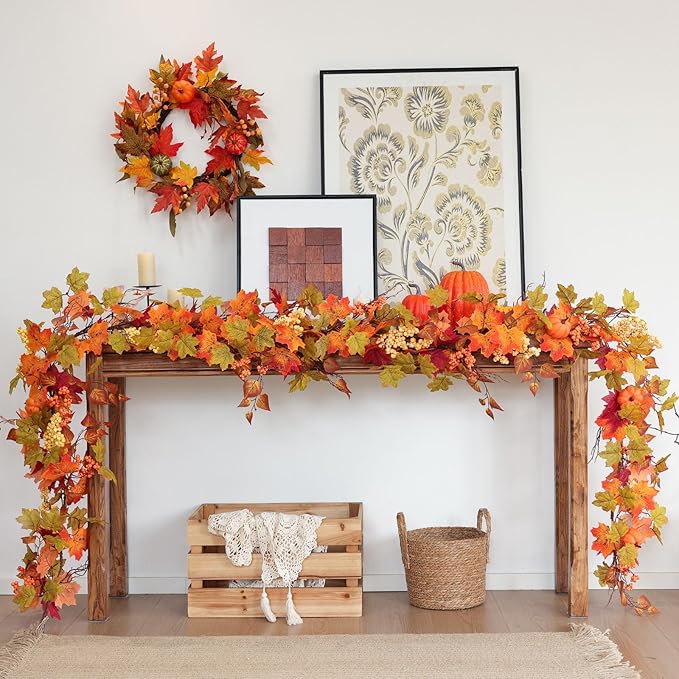 MIZII Fall Decor Artificial Maple Leaf Pumpkin Garland 6FT Fake Autumn Vines Garland Thanksgiving Halloween Harvest Decorations for Porch Mantle Table Centerpieces Fireplace Farmhouse (Yellow PK)