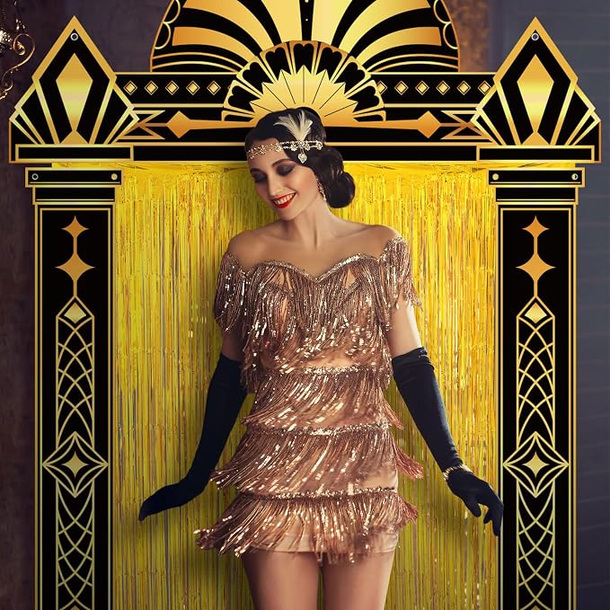 Peryiter 5 Pcs 1920s Party Decorations with Gold Foil Curtain Backdrop Roaring 20's Themed Backdrop Awards Night Party Decor for Vintage Black Gold Art Event for Halloween, New Year, Birthday