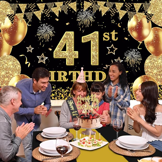 41st Birthday Decorations Men Women with 41st Birthday Banner, Black and Gold Table Cloth, Number Balloons, Large Sash, Cake Topper and Candles