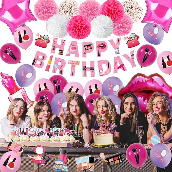 Makeup Party Supplies 66pcs Spa Party Decorations Set-Makeup Theme Party Decoration Happy Birthday Banner Happy Brirthday Makeup Birthday Cake Topper Kit Party Decorations for Girls Women