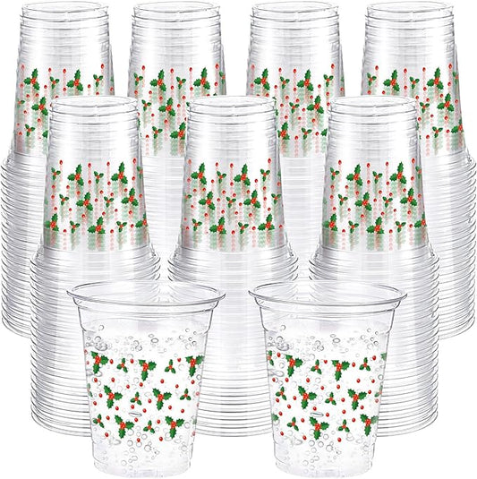 Jingmore 100 Pcs Christmas Plastic Cups 12 oz Holly Berry Red Green Leaves Disposable Clear Plastic Drinking Cups Bulk for Xmas Winter Holiday Party Decorations Supplies