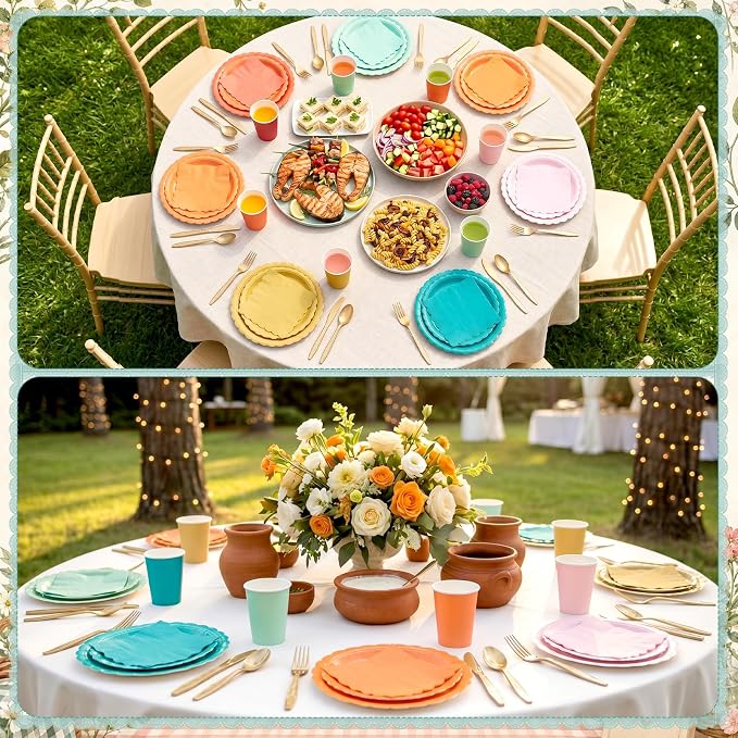 Zhehao 175 Pcs Colorful Coral Party Supplies Rainbow Disposable Tableware with Plates, Cups, Napkins, Cutlery in Coral Tones for Summer Tropical Baby Shower, Birthday, Wedding Party