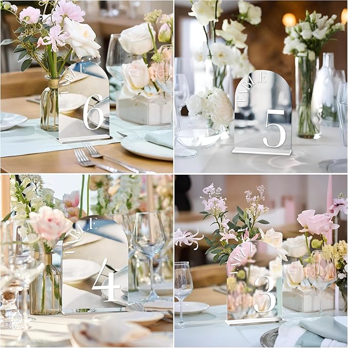 Mirror Arched Wedding Table Numbers 1-25 with Stands, 5"x7" Double-sided Letter, Acrylic Wedding Signs Centerpiece Decoration for Wedding Reception Party (Silver, Table Numbers 1-25)
