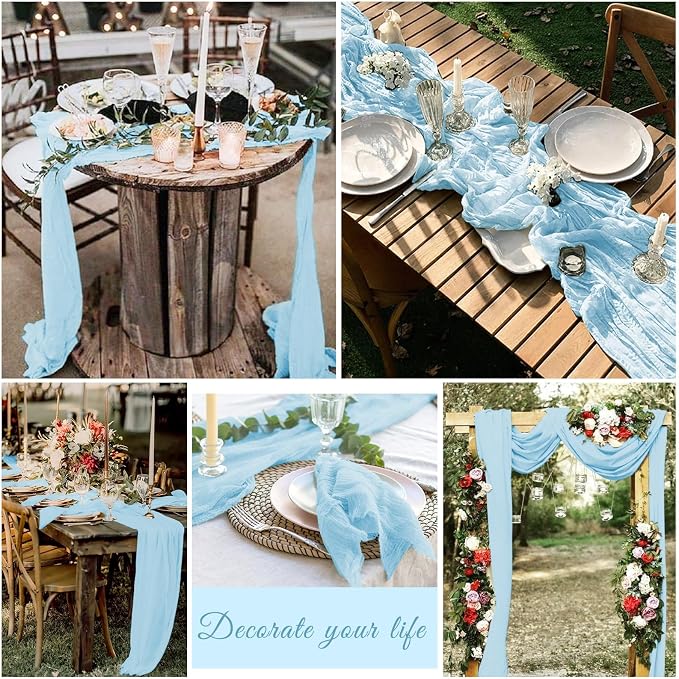 10 Pack Cheesecloth Table Runner 17 x 108 inch Long Boho Gauze Table Runners Semi Sheer Table Runner for Wedding Decor, Baby Shower, Birthday Party, Banquet (Light Blue)