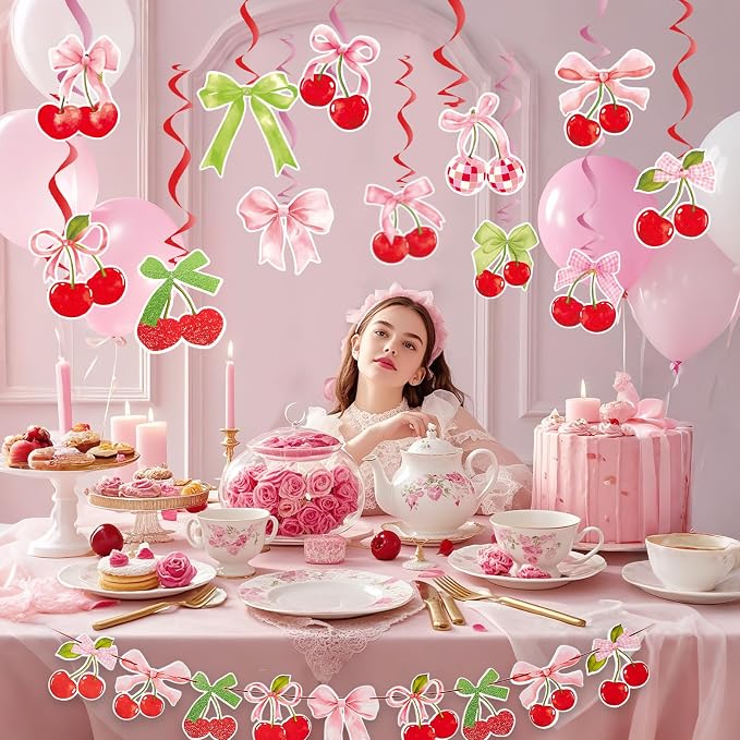 SUNBEAUTY Cherry Party Decorations Cherry On Top Baby Shower Decorations Cherry and Bow Hanging Banner for Birthday Bachelorette Bridal Shower Wedding Party Supplies