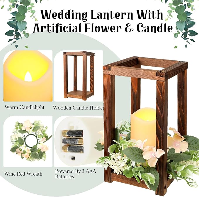 Hushee 30 Pcs Wooden Wedding Lantern Centerpiece Integrated Holders with Candles and Wreaths Rustic Wooden Candle Lantern Decor for Wedding Party Table Valentine Decor (Brown)