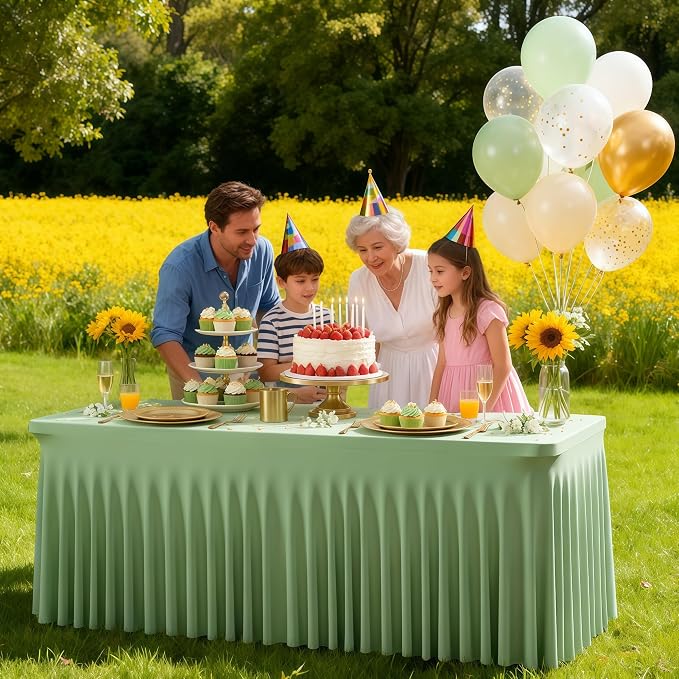 Wish Care 6 Pack Sage Green Spandex Table Clothes for 6 Foot Rectangle Tables, 6FT Wrinkle Free Fitted Tablecloths Ruffles Design Table Cloth for Party, Banquet, Wedding and Events