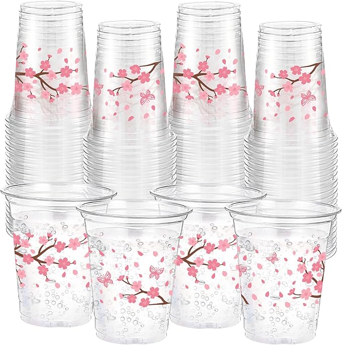 Funnymoom 60 Pack Cherry Blossom Plastic Cups 12 oz Pink Cherry Blossom Disposable Clear Plastic Drinking Cups for Spring Baby Shower Birthday Wedding Holiday Party Decorations Favors Supplies