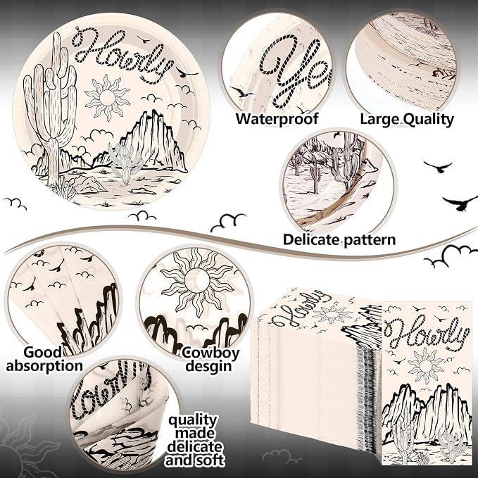 Pickmesh 250 Pcs Western Cowboy Cowgirl Party Decorations Black Wild West Disposable Tableware Set Howdy Yee Haw Paper Plates Napkins and Cups for Rodeo Birthday Baby Shower Party Decorations Serve 50