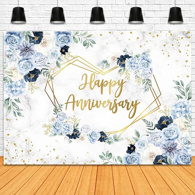 Happy Anniversary Backdrop 7x5ft Blue and White Flowers Wedding Anniversary Party Decorations Background Bridal Shower Engagement Banner Photo Booth Props