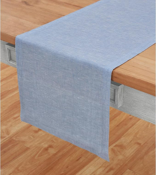 Solino Home Linen Table Runner 108 Inches Long - Athena, 100% Pure Linen Chambray Blue Table Runner 14 x 108 Inch for Dining, Spring, Summer, Mothers Day