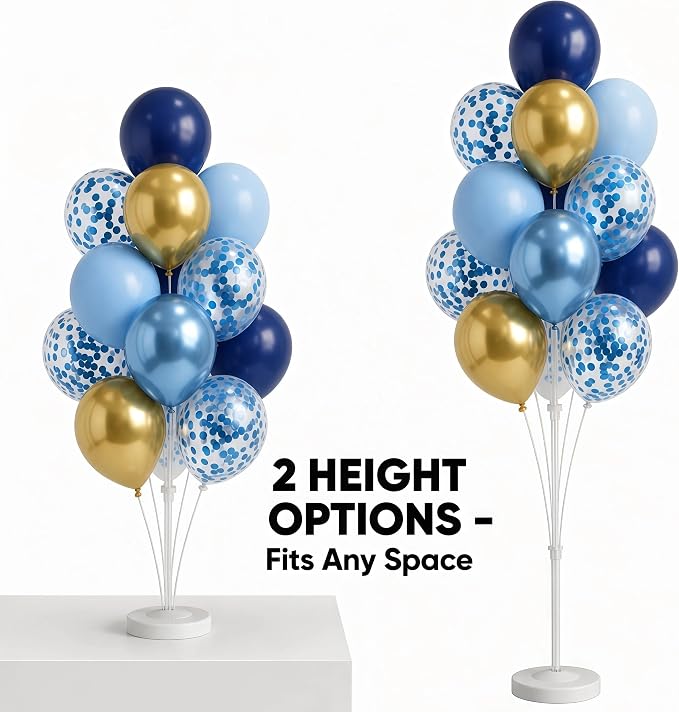 Balloon Column Kit Set of 2, Anti-Tip Sand-Fill Base Balloon Tower Stand with 10" 26pc Blue Gold Confetti Balloons, Height Adjustable for Easter Birthday Wedding Bridal Party Decorations