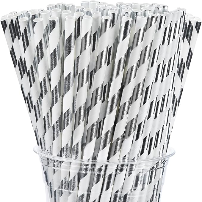 ALINK 100 Silver and White Striped Paper Straws, Biodegradable Disposable Drinking Straws for Christmas, Brithday, New Year, Party Decoration Supplies