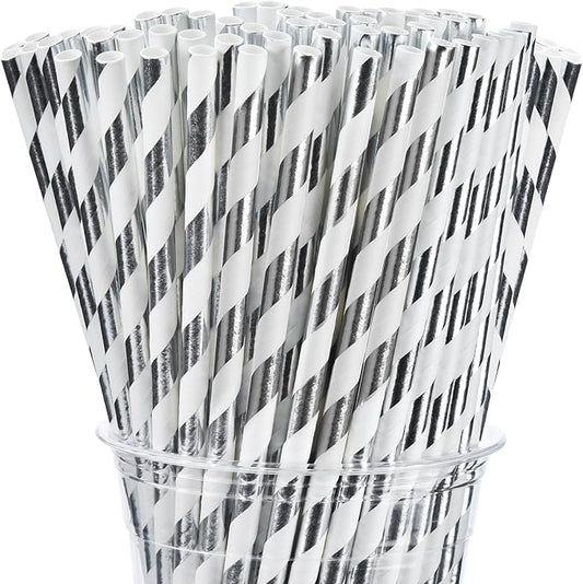 ALINK 100 Silver and White Striped Paper Straws, Biodegradable Disposable Drinking Straws for Christmas, Brithday, New Year, Party Decoration Supplies
