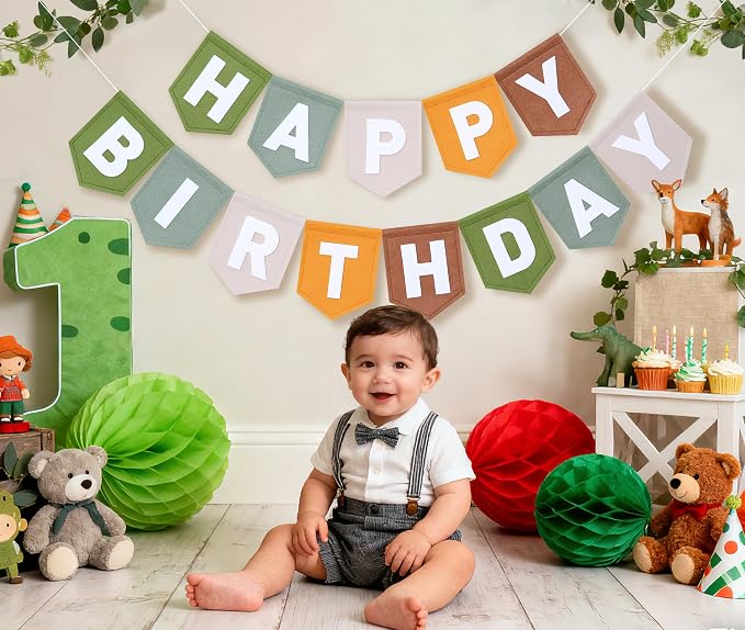 Felt Green Happy Birthday Banner Birthday Decorations for Women Girls Boys Men Pets Handmade Party Backdrop
