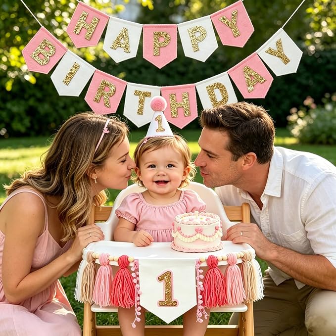 First Birthday Decorations For Girl- Felt Happy Birthday Banner Pink Gold 1st Birthday High Chair Decorations,Birthday Topper Party Hat,Boho Pink Gold 1st Birthday Party Supplies For Girl