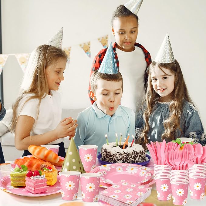 Ziliny 350 Pcs Daisy Party Supplies Tableware Set Disposable 9'' 7'' Paper Plates 9 oz Cups Cutlery Napkins Dinnerware Set for 1st Birthday, Serve 50 (Daisy Birthday, White, Pink)