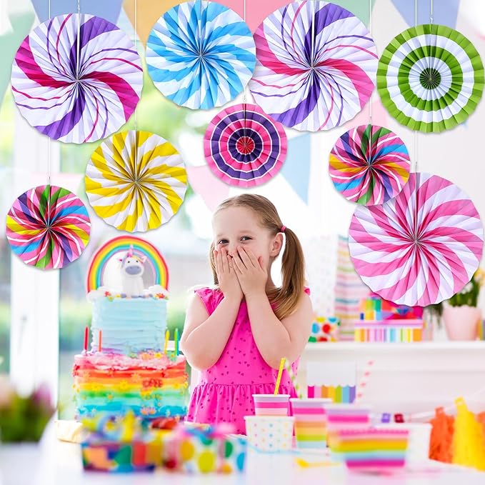Outus Hanging Paper Fans Decorations Candy Party Classroom Decoration Colorful Peppermint Candy Paper Fan Ceiling Wall Garland for Candyland Themed Birthday Party Supplies(18 Pcs,Classic)