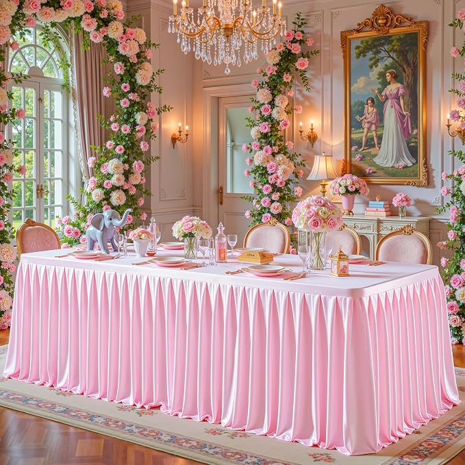 Pink Satin Tablecloths Rectangle 4FT, Glitter Spandex Fitted Stretch Table Covers Wrinkle-Resistant Floor Length Shimmer Pleated Table Skirt for Weddings Parties Baby Shower Banquets Vendor Events