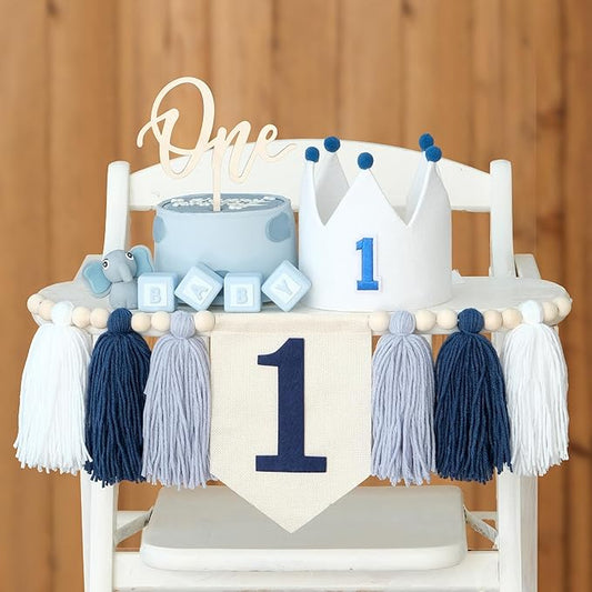 JUIIZAY 1st Birthday Decoration Blue And White High Chair Banner For Boy No.1 Crown Cake Topper First Birthday Party Decorations