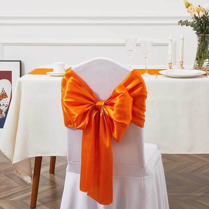 50 Pcs Orange Satin Chair Sashes Bows Universal Chair Cover for Wedding Reception Events Banquets Party, Hotel Event Decorations, 6 x 108 inch