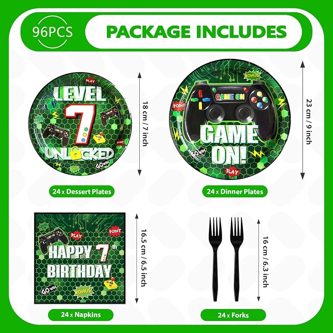 Grencian 96Pcs 7th Birthday Party Decorations Green Video Game Paper Plates Disposable 7th Birthday Paper Tableware Set for Boys 7 Year Old Video Gamer Birth-day Gaming Party, Serves 24