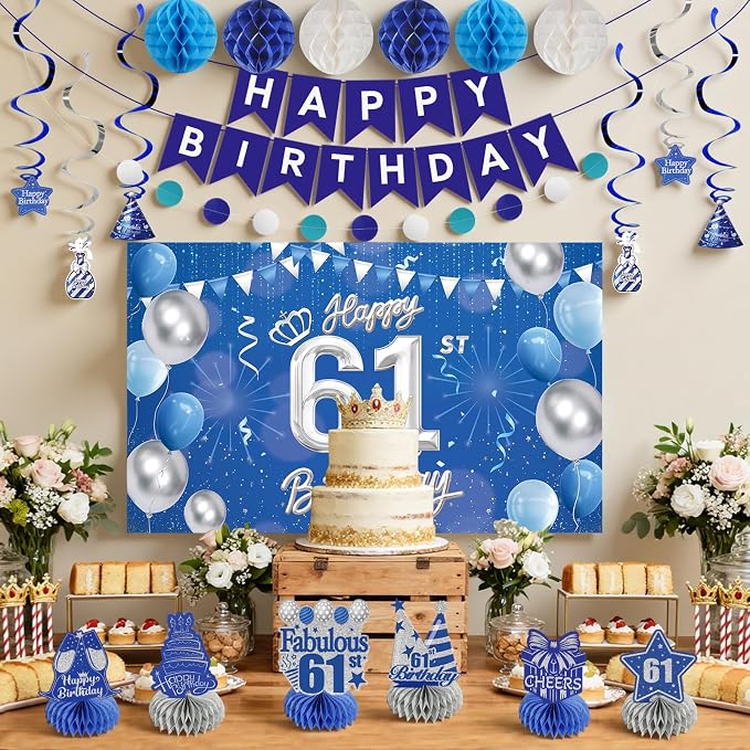 Happy 61st Birthday Party Decoration: Including Birthday Banner Backdrop, Party Table Centerpieces and Hanging Swirl Party Streamers, Birthday Decor for Men and Women (Blue, 61st Birthday)