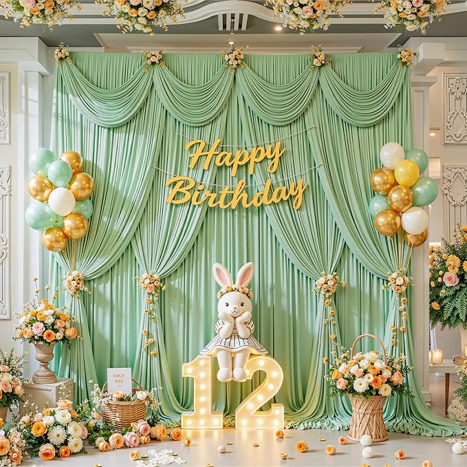 20x10ft Sage Green Photo Backdrop Curtains for Parties Birthday Wrinkle Free Polyester Photoshoot Curtains Drapes Backdrop for Wedding Baby Shower Graduation Photography Background 4 Panels 5x10FT