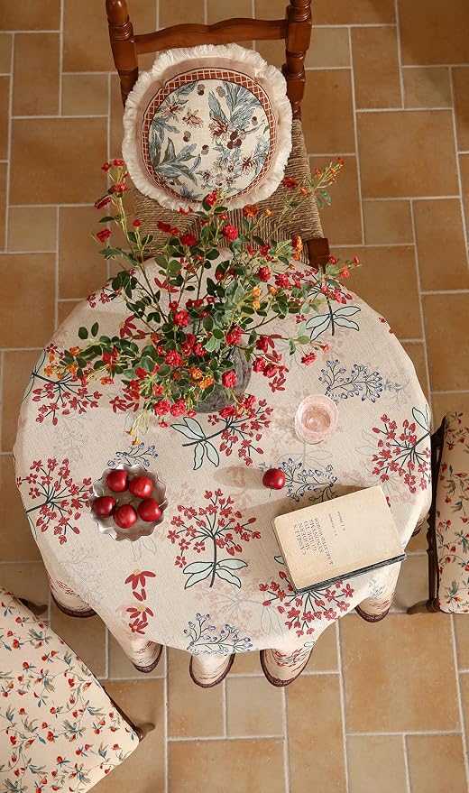 patdrea Vintage French Linen Tablecloth,Round,Diameter 55"-NewMari | Elegant Printed Table Cloth for Round Table,Red Floral Patterned,Durable,Dining Room Kitchen Tea Party Decoration