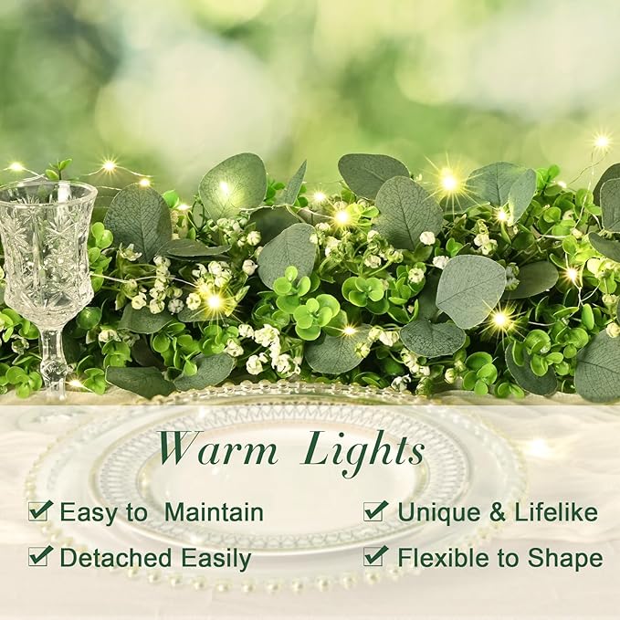 8Pcs Eucalyptus Garland with Lights, Greenery Garland, Green Garland with Flowers, 5.9FT Artificial Faux Eucalyptus Leaves Vines for Table Mantle Home Wedding Party Indoor Outdoor Decor（2 Long Lights）