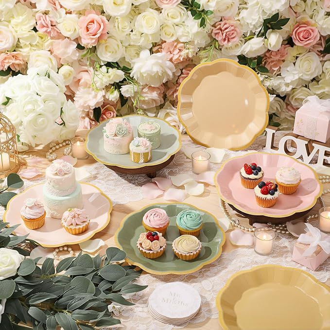 72 Pcs Pink and Green Paper Plates 9 Inch Sage Pink Beige Yellow Gradient Scalloped Paper Disposable Dinner Dessert Plates for Jungle Safari Birthday Wedding Bridal Party Supplies, 6 Colors