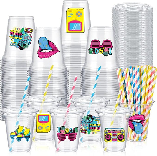 Qinyoung 60 Sets 90's Party Plastic Cups Bulk 14 oz 90s Disco Dance Party Favor Supplies Ice Coffee Plastic Colorful Cups Bulk with Lids and Paper Straws for Cowgirl Birthday