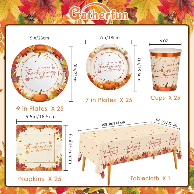 Thanksgiving Plates and Napkins Gatherfun Maple Leaves Disposable Paper Plates Napkins Cups plastic Tablecloth for Thanksgiving Dinner Party Decorations Serve 25