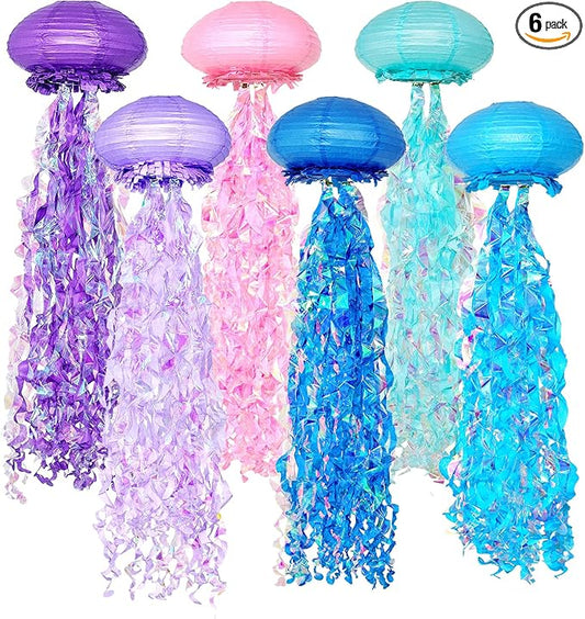 OBXT Hanging Jellyfish Lanterns Multi-Color 6 Pack - Ocean-Themed Decor for Under the Sea Mermaid Birthday Party Classroom & VBS Baby Shower Beach Theme
