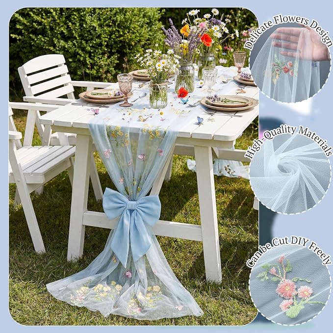 Lounsweer Blue Wildflower Table Runner 10ft Embroidery Tulle Spring Floral Table Runner Seasonal Summer Butterfly Kitchen Dining Gauze Decoration for Wedding Baby Shower Birthday Party