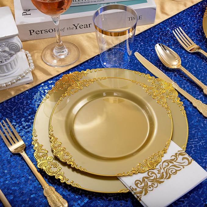 Morejoy 175PCS Solid Gold Plastic Plates with Gold Rim, Disposable Dinnerware Sets Include 25 Dinner Plates,25 Dessert Plates,25 Cutlery Sets,25Cups,25 Napkins Perfect for Party & Wedding