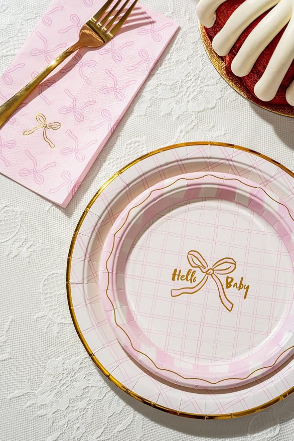 Baby Shower Celebration, Stylish Tableware Set for 8 Guests – Pink/White